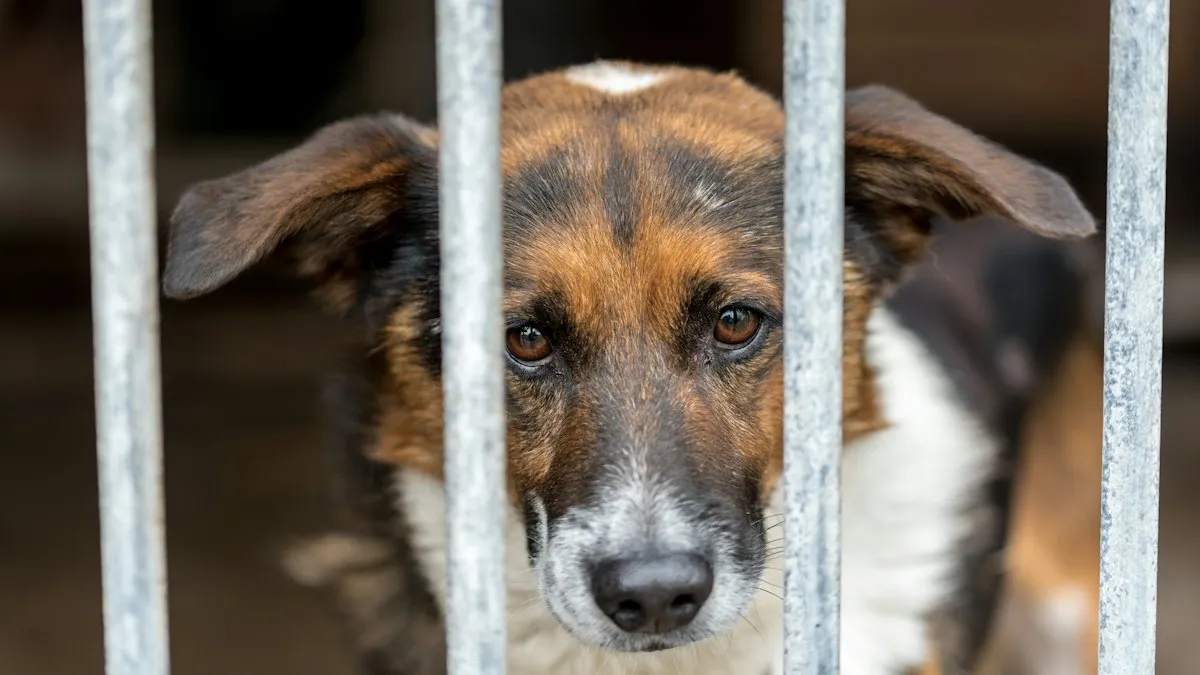 Perro detrás de una valla en un refugio
