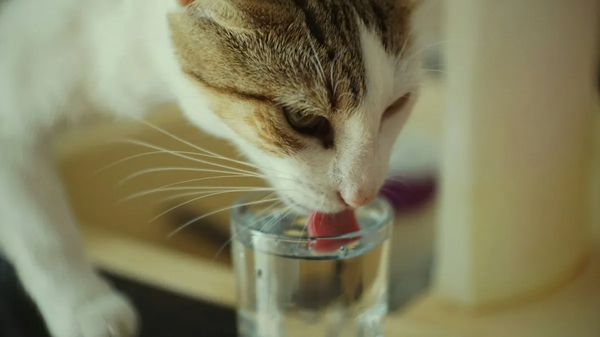 Gato bebiendo de un vaso de agua